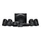 Schwarzes Logitech 5.1-Surround-Sound-System, bestehend aus Subwoofer, Center-Lautsprecher, 2 Front-Lautsprechern, 2 Rücklautsprechern und Steuerkonsole.