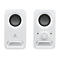 Deux haut-parleurs Logitech blancs sur fond blanc. Le haut-parleur droit est équipé d'une commande de volume.