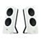 Zwei weiße Lautsprecher mit schwarzer Lautsprecheröffnung, die durch einen schwarzen Bügel verbunden sind.