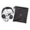 Casque noir avec sac de transport et accessoires. CÃ¢bles, boutons, connecteur USB. Sur le sac : logi.