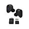 Schwarze kabellose Ohrhörer mit Ladecase und USB-Adaptern, Logos von Logitech.