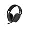 Dunkelgraues Headset, Logitech-Logo, mit Mikrofonarm und Textilbezug.