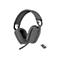 Graues Logitech-Headset mit Mikrofon und USB-C-Empfänger, isoliert vor weißem Hintergrund.
