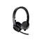 Drahtloses, schwarzes Headset mit Mikrofon auf weißem Hintergrund. Das Headset hat ein kreisförmiges Ohrpolster und einen Bügel.