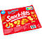 Rote Snack-Hits-Verpackung mit verschiedenen Knabbereien wie Chips, Erdnusslocken und Salzstangen. Aufschrift: "Snack-Hits, Beliebte Marken, Große Vielfalt".