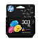 Emballage de cartouche d'encre trois couleurs HP 303 XL noir avec des motifs de fleurs cyan, magenta et jaune.