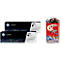 Deux cartouches de toner HP LaserJet noires et un paquet de chocolats Celebrations.