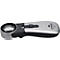 Loupe à main en argent et noir. Comprend une loupe, une poignée, un interrupteur et l'inscription 'Schweizer'.