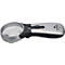 Loupe avec monture argentée, manche noir et interrupteur. Inscription : Schweizer Made in Germany.