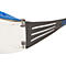 Gros plan sur des lunettes de sécurité avec monture grise, lentille transparente et accent bleu.
