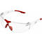 Lunettes de sécurité transparentes avec des accents rouges sur les branches et les coussinets de nez.