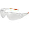 Lunettes de sécurité transparentes avec des accents orange sur les branches. La monture et les verres transparents sont clairement visibles.