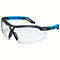 Lunettes de sécurité avec verres transparents et branches bleues. Le mot 'uvex' est visible.
