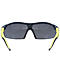 Lunettes de soleil gris foncé avec branches jaunes, photographiées d'en haut.