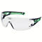 Lunettes de sécurité à lentille transparente, monture verte et noire et lettrage 'uvex'.