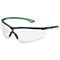 Lunettes de sécurité grises avec des accents verts et le lettrage Uvex, verres clairs.