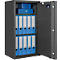 Open grijze kluisdeur met blauwe ordners, twee blauwe dozen en stickers.