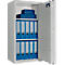 Geopende stalen kast met blauwe mappen, waarop twee blauwe dozen.