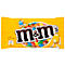 Yellow M&M's package with logo, peanut label and cartoon character. Opened package with colorful chocolate lentils.