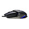 Eine seitliche Nahaufnahme einer Gaming-Maus in Grau und Schwarz mit blauem LED-Licht.