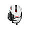 Weisse Gaming-Maus RAT 8+, Details in Schwarz, rote Akzente, Logo. Einstellbare Elemente, mit schwarzem Anschluss.