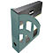 Turquoise magazine holder with gray contents and white logo.