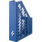 Blue metal magazine rack with angled slotted patterns.