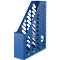 Blue, standing metal magazine rack with holes.