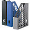 Three colorful, upright magazine holders. Black, blue and gray with a hole pattern.