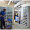 Magazinschrank, Volumen 635 l, 154 herausnehmb. Klappkästen m. Griffmulde, B 1270 x T 250 x H 2000 mm, l.grau/transparent