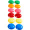 Tien ovale, glanzende knoppen in rijen. Groen, oranje, roze, rood, geel en blauw. De knoppen hebben heldere reflecties.