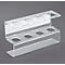Transparent acrylic pen holder with two levels, each with four holes. On a gray background.