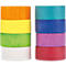 Deux piles verticales de huit anneaux en bois colorés sur fond blanc.