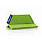 Een trapezevormige, groene viltmagneet met een blauw logolabel tegen een neutrale achtergrond.