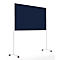 Donkerblauw verrijdbaar prikbord met wit metalen frame en wielen op een witte achtergrond.