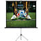 Projektorleinwand auf einem Stativ mit einer Fußballszene als Displaybild.