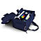 Blaue Moderatorentasche aus rPET-Filz mit 1900 Teilen Zubehör und Info-Tags vor weißem Hintergrund.