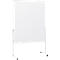 White, freestanding whiteboard on wheels. Metal frame, large writing surface.