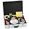 Open silver briefcase with many items: markers, paper clips, tape, papers, pens, scissors.