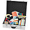 Open toolbox with many craft materials, including pens, paper, tape and scissors.