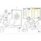 Skizze einer Präsentation vor einer Gruppe: Ein Sprecher zeigt auf ein Whiteboard, im Hintergrund ist ein Kanban-Board.