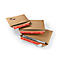 Three brown shipping envelopes with red tape, partially open. Text is visible on one.