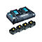 Makita Doppelladegerät DC18RD mit vier schwarzen 18V 6.0Ah Li-Ion-Akkus vor weißem Hintergrund.