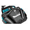 Nahaufnahme einer schwarzen Makita Werkzeugtasche mit weißem Logo, genieteten Halterungen und türkisen Akzenten.