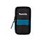 Schwarze Makita-Werkzeugtasche mit blauem Querstreifen und weißem Logo auf neutralem Hintergrund.