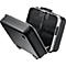 Valise noire, partiellement ouverte. Intérieur noir, avec supports. Cadre de couleur argent.