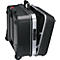 Valise à roulettes noire, partiellement ouverte, avec des détails argentés. Poignée en haut, roues en bas. Intérieur visible.