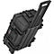 Valise à roulettes noire, avec poignée extensible et deux roues.