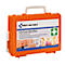 Une trousse de premiers secours orange avec une poignée blanche et une inscription. Inscription : "FIRST AID ONLY. Verbandkoffer".