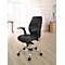 Black office chair against a light background. Chrome frame, armrests and backrest made of leather.